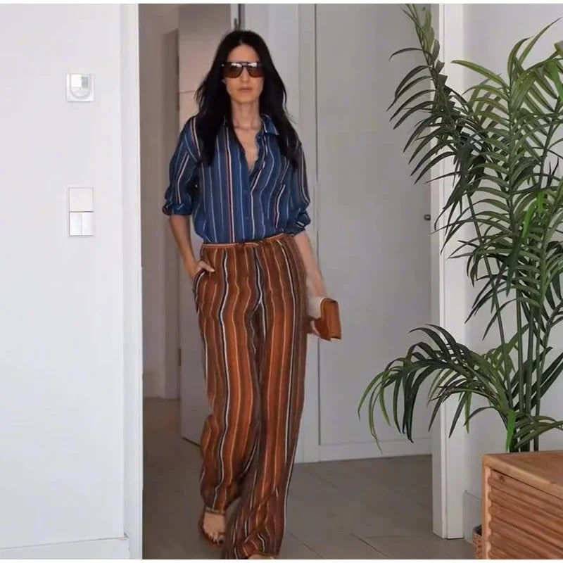 Geometric Printed Wide Leg Loose Pants Set for Women