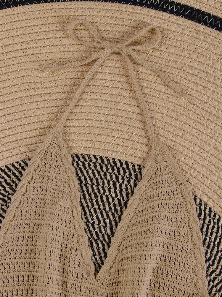 Solid Knit Halter V-neck Side Cross Straps Slim Beach Mini Dress 2025 Women Crochet Beach Swimsuit Cover Up Vacation Outfit K104