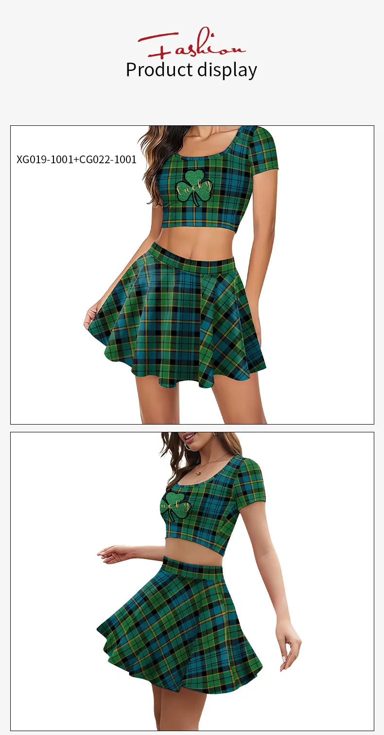 Festive Irish Green Shamrock Plaid Knit Skirt Set for Women