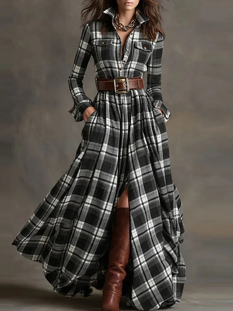 Autumn Elegant Lapel Button Long Dress Lady Casual Long Sleeve Pocket Party Dress Vintage Plaid Printed Draped Loose Shirt Dress