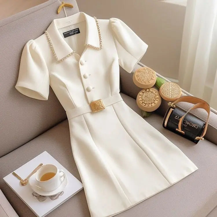 French white dress female spring and autumn new heavy industry beaded lapels senior age-reducing temperament waist (with belt)