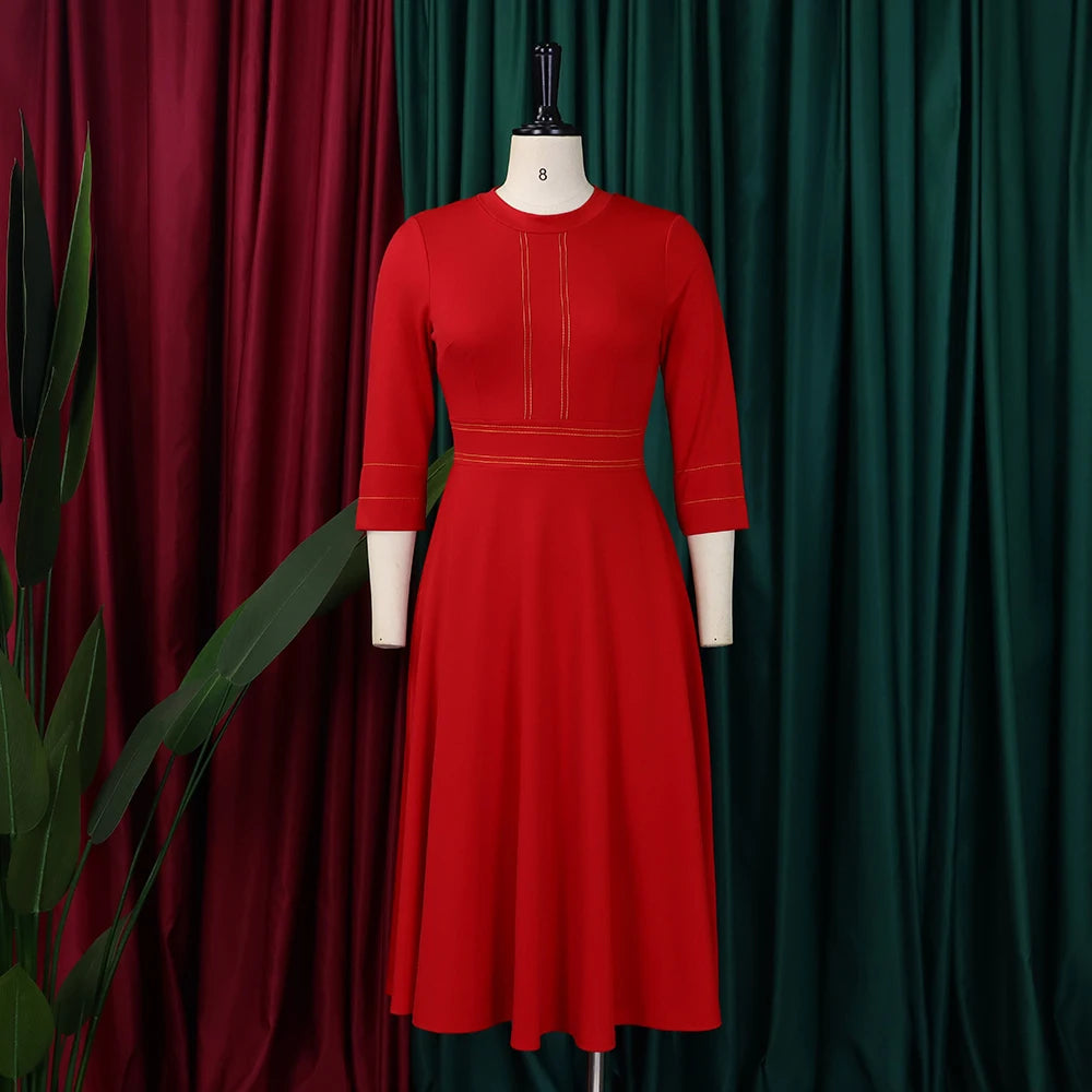Elegant Party Dresses for Women 2024 Luxury O Neck Three Quarter Sleeve High Waisted Pleated A Line Mid Calf Birthday Dress Robe