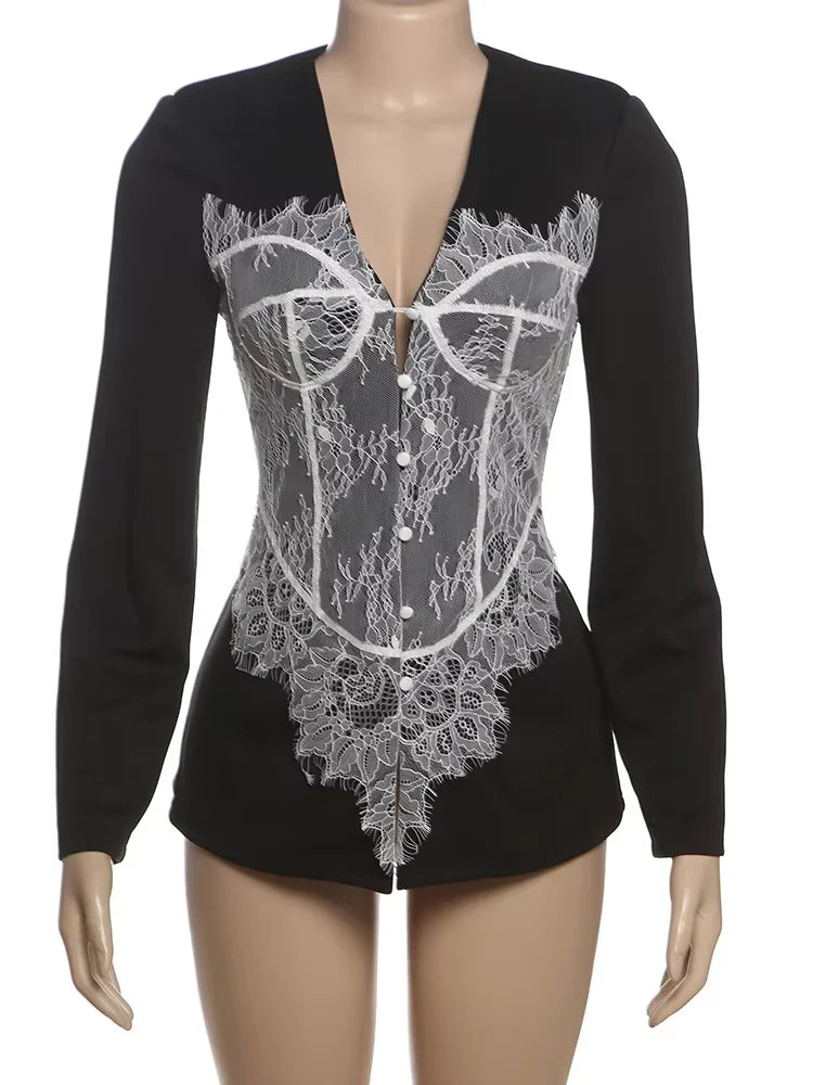 Lace Patchwork Button Front Jacket
