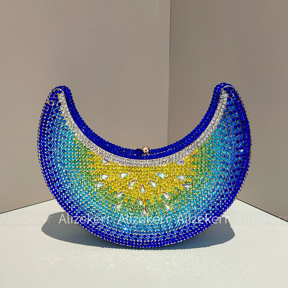 Moon Shaped Diamond Evening Bag with Watermelon Rhinestones for Women