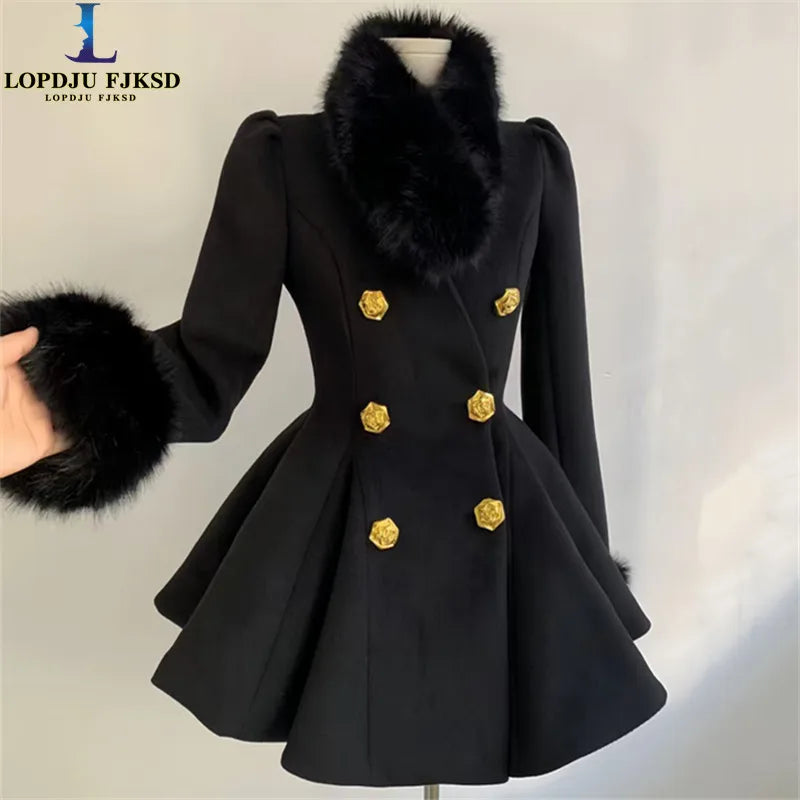 New Elegant Small Fragrance Celebrity Loose Coat Moda Woolen Winter French Style Vintage Blends Slim Waist Mid-length Outwear