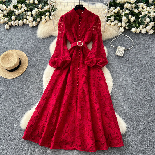 Embroidery Formal Evening Lace Dress New Women Single Breasted Crystal Belt Crochet Long Sleeve Maxi Dresses Prom Party Vestidos