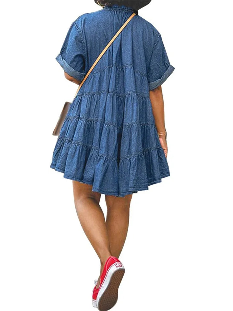 Wmstar Plus Size Denim Dresses Women Elegant Casual Loose Short Sleeve Summer Midi Dress Wholesale Dropshipping New Style