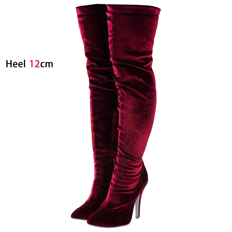 Velvet Pointed Toe Over The Knee Stiletto Boots for Women