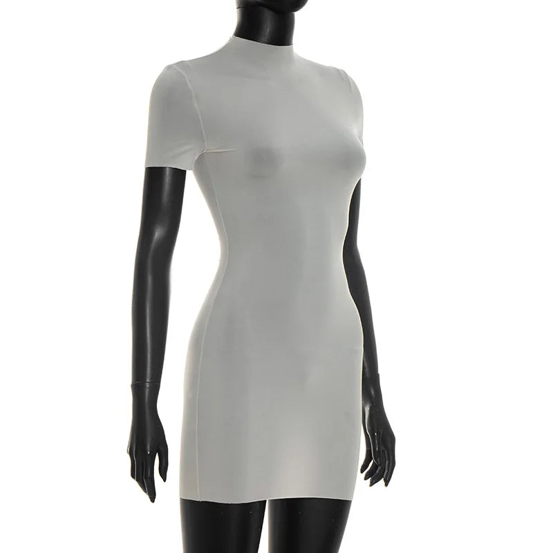 Sheer Short Sleeve Stretch Bodycon Mini Dress Solid Color for Women