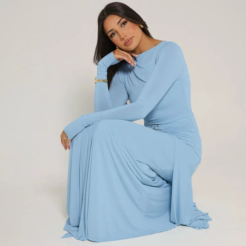 Elegant Solid Buckle Bandage Slim Maxi Dress for Women Autumn Long Sleeve Bodycon Holidays Party Dress Lady Casual Dress