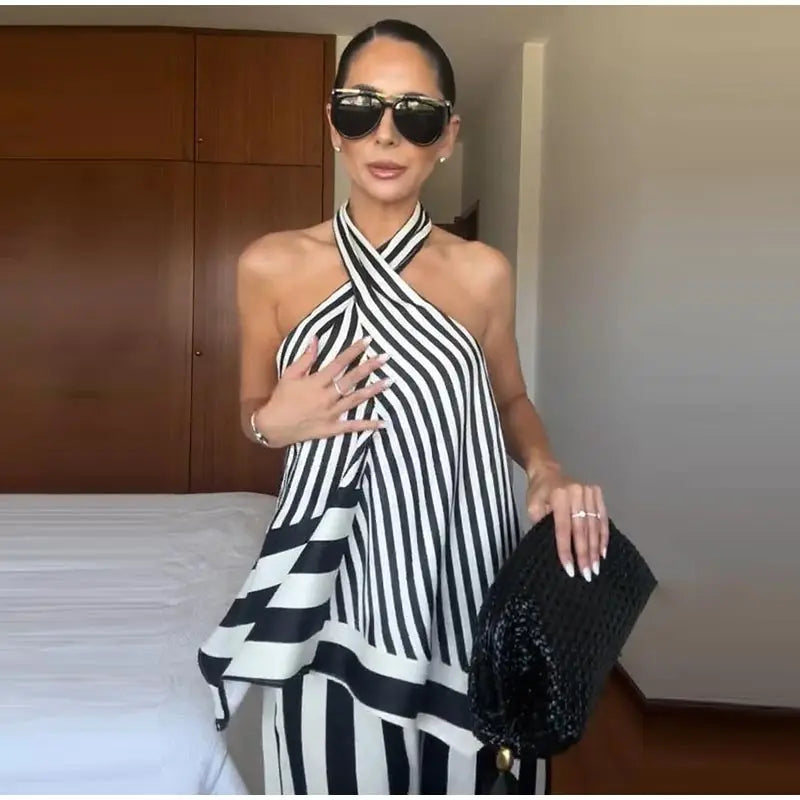 Striped Criss Cross Halter Two Piece Wide Leg Pants Set For Women