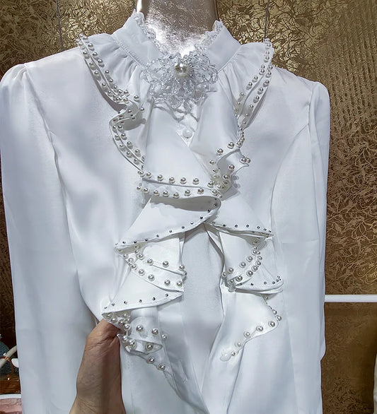 Beaded Ruffles White Satin Blouse