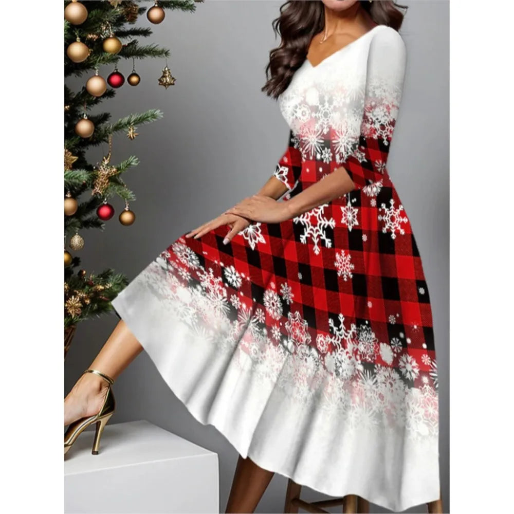 Autumn Snowflake Print V Neck Midi Swing Dress for Women