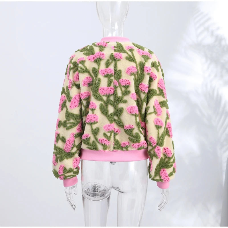 Casual Floral Print Bomber Jacket With Collar For Women