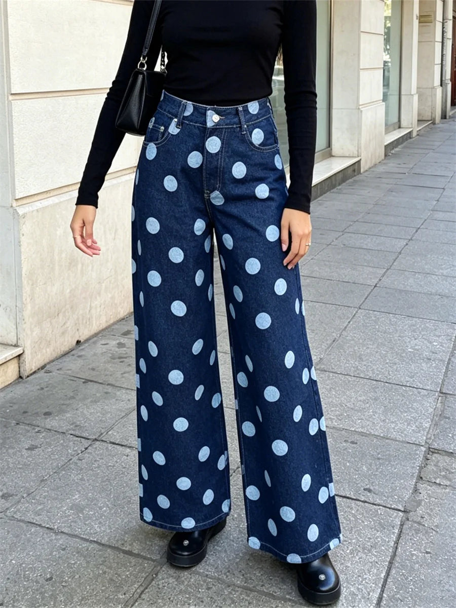 Low Waist Wide Leg Dotted Print Denim Jeans for Women