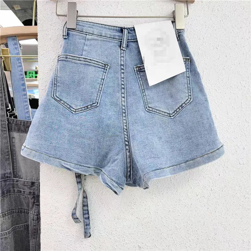 Irregular multi-pocket tooling A-word shorts women's loose wide-leg pants 2024 summer strap-on denim skirt pants