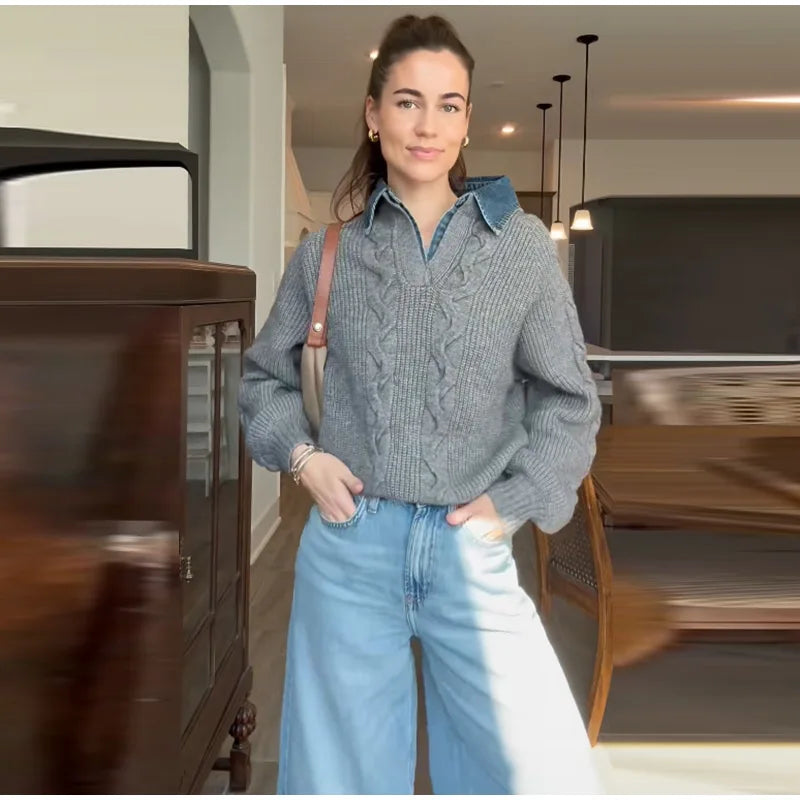 Long Sleeve Denim Collar Half Button Knit Top For Women