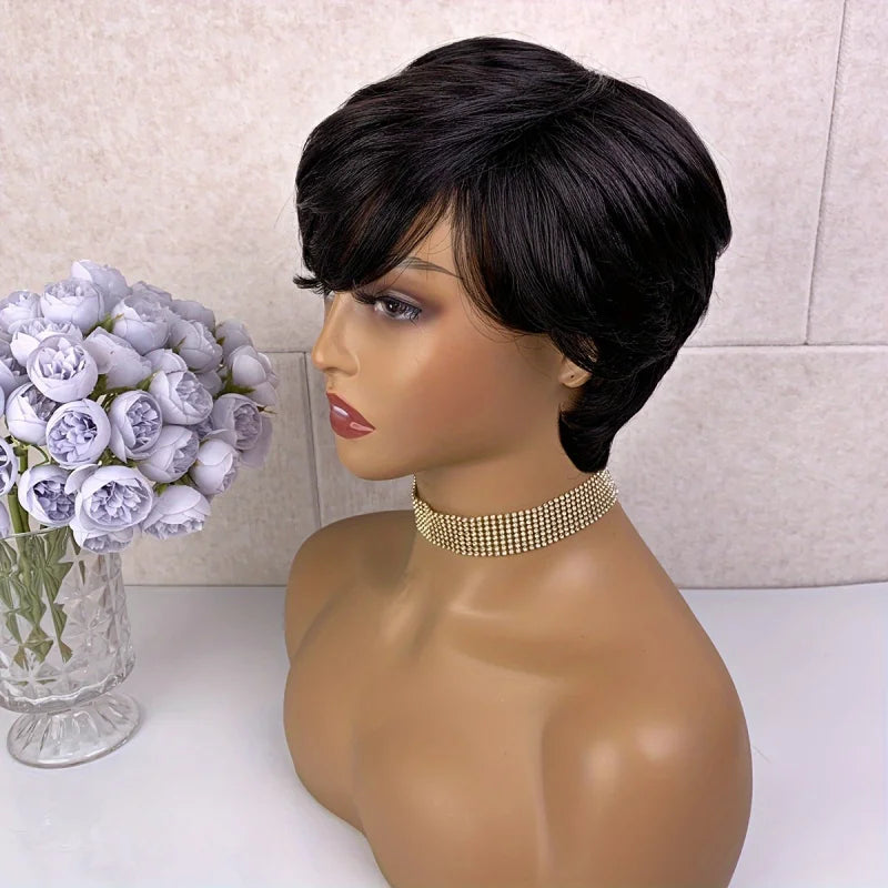 Pixie Cut Wig With Bangs Short Straight Mixed Color Remy Brazilian Human Hair Full Machine Made wig