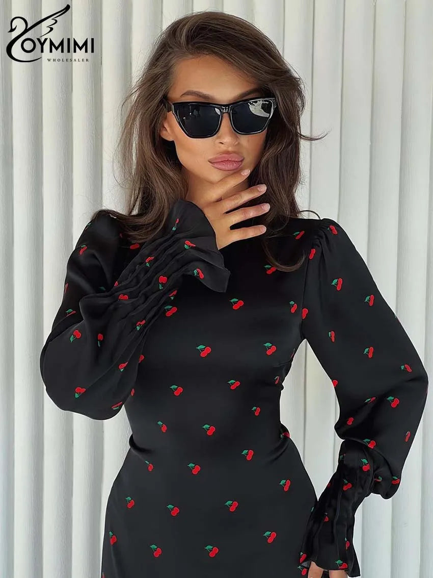 Oymimi Elegant Black Print Dresses For Women Fashion O-Neck Long Sleeve Dresses Casual New High Waist Lace-Up Ankle-Length Dress