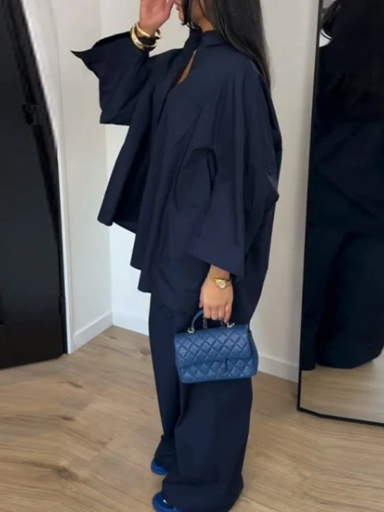 Casual Long Sleeve Shirt and Pants Two Piece Set for Women