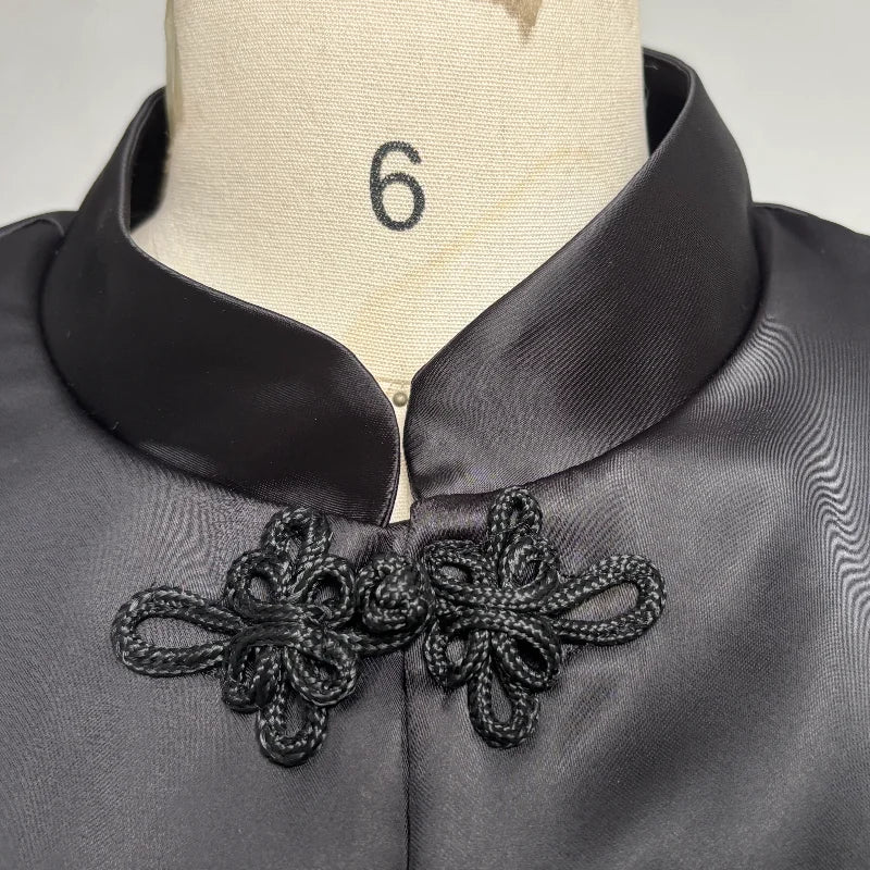 Elegant Satin Frog Button Standup Collar Jacket for Women