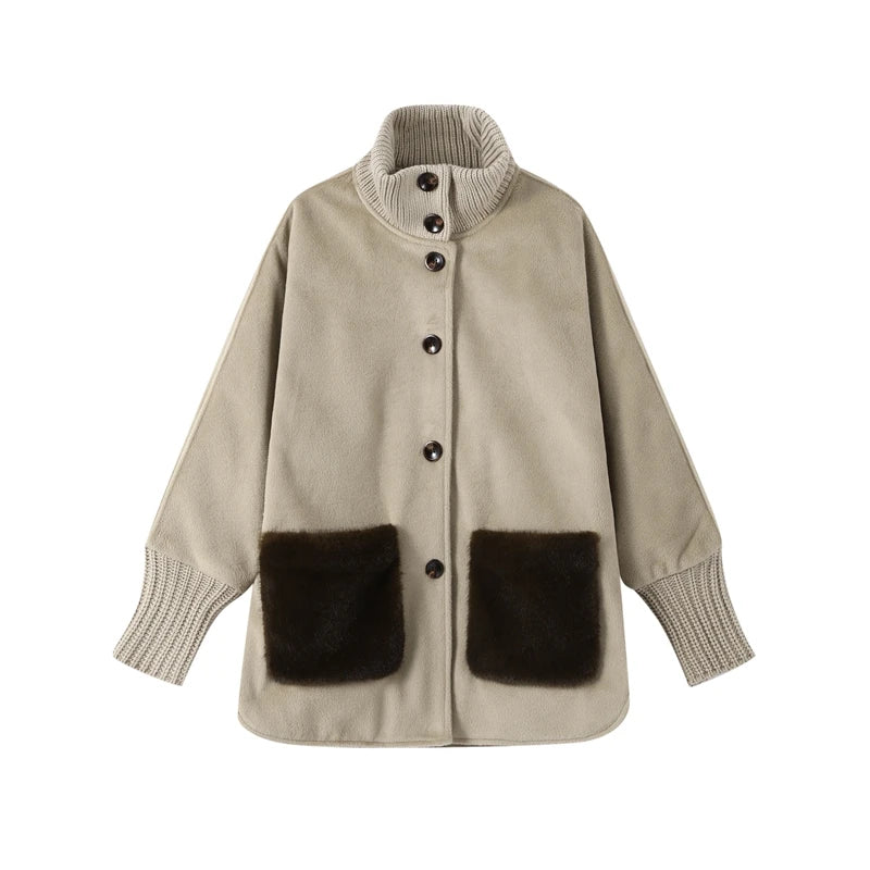Loose Knit Fur Standup Collar Long Sleeve Pocket Cardigan for Women