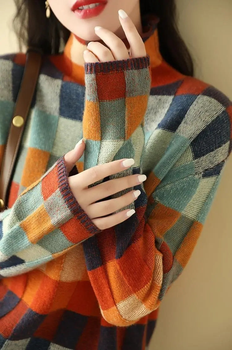 Cozy Thick Knit Turtleneck Sweater With Plaid Pattern For Women