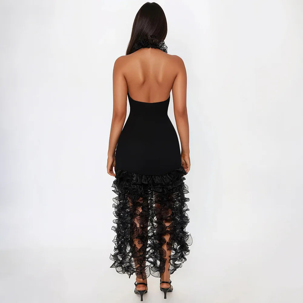 Elegant Patchwork Ruffle Halter Neck Long Dress for Women