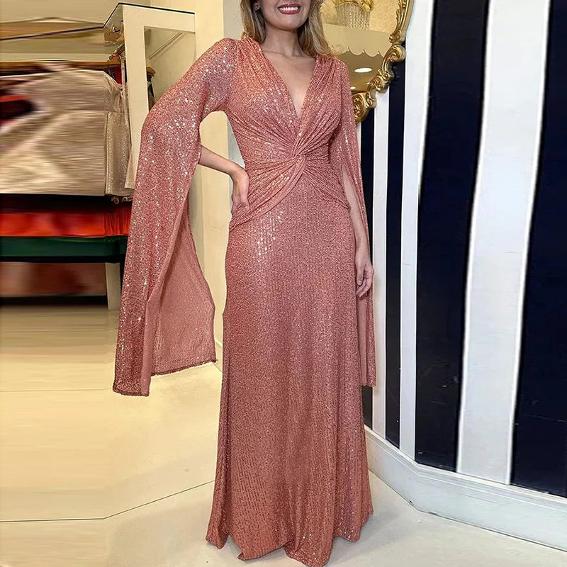 Elegant Sequin V Neck Long Sleeve Floor Length Maxi Dress for Women