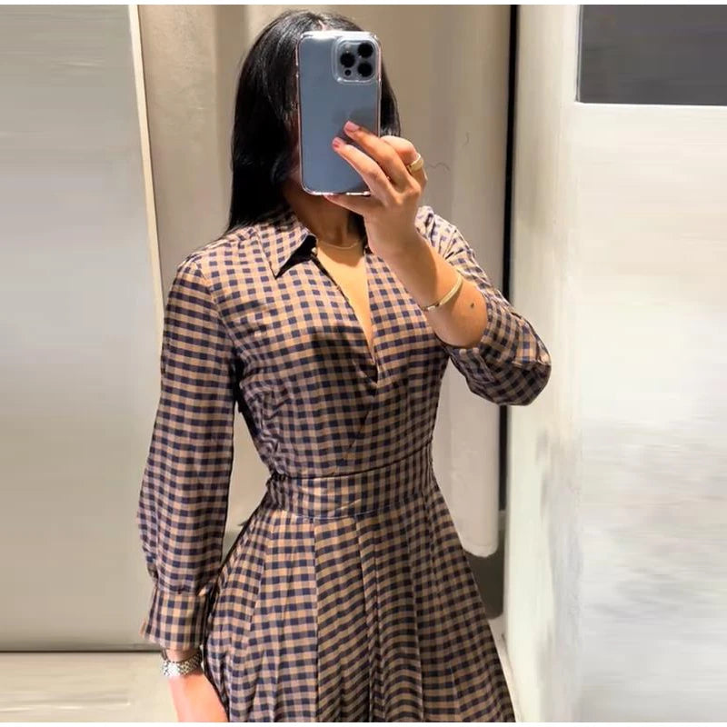 Elegant Plaid Women's Long Dresses Loose Tie Up Bow Laple Full Sleeve A-line Dress For Woman 2026 Spring New Lady Party Robes