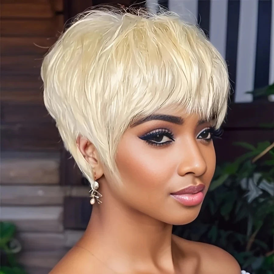 Short Platinum Blonde Pixie Cut Human Hair Wig for Women