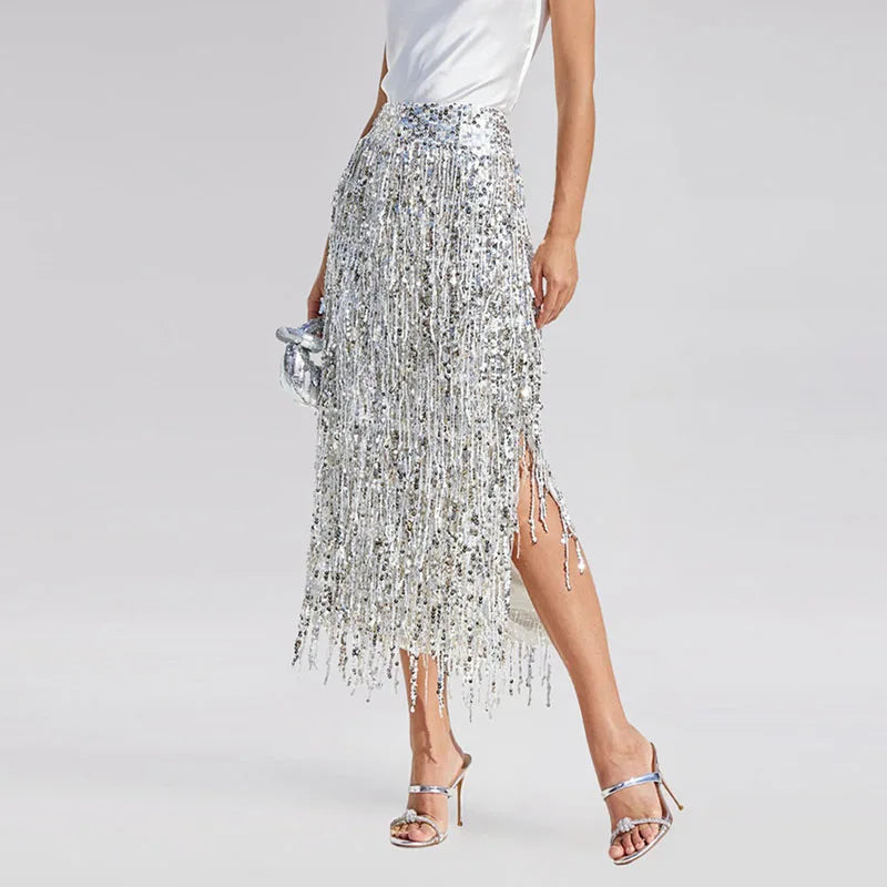 High Waist Sequined Split Tassel Midi Skirt for Women