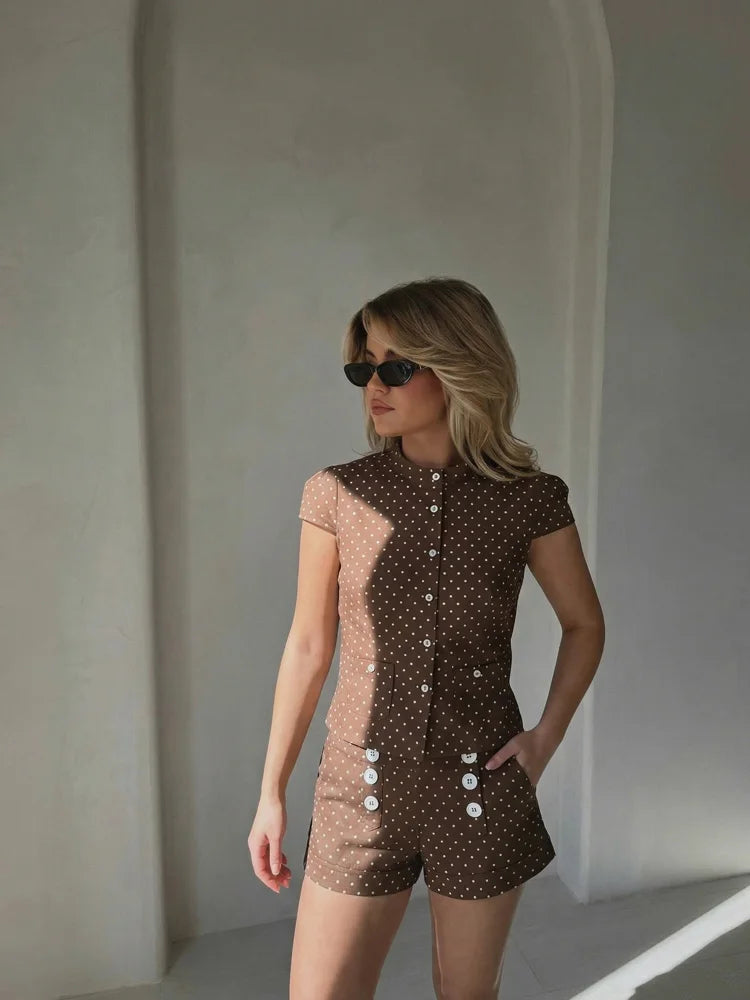 Elegant Polka Dot Button T Shirt and Shorts Set for Women