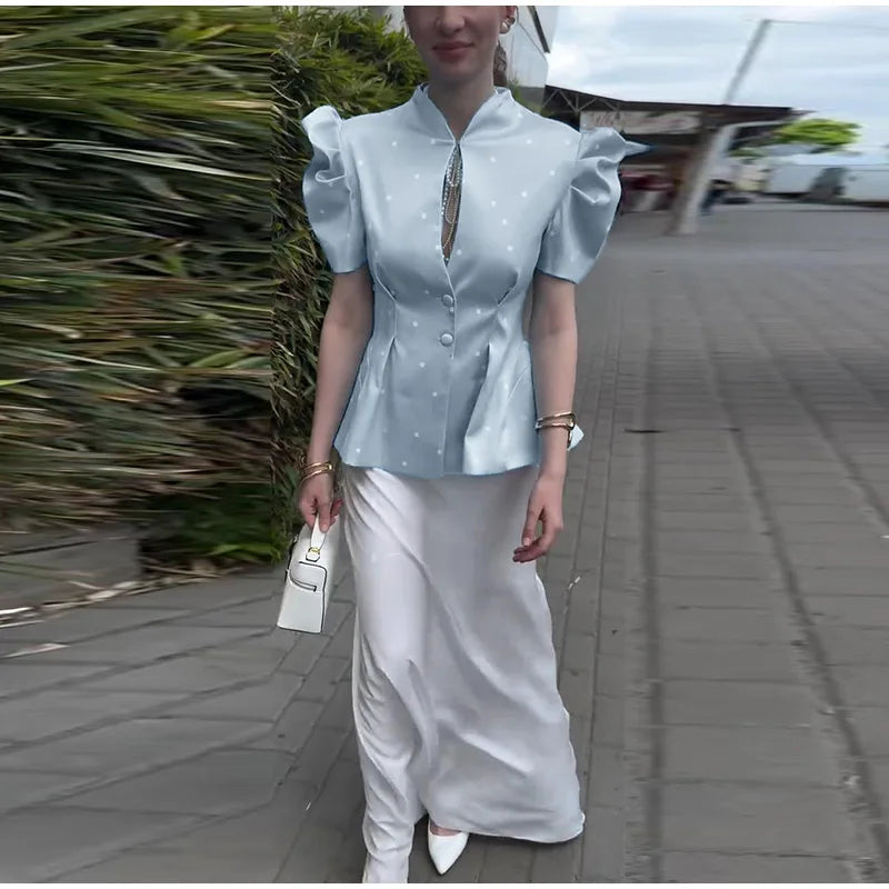 Elegant Printed Puff Sleeve Stand Collar Shirt for Women