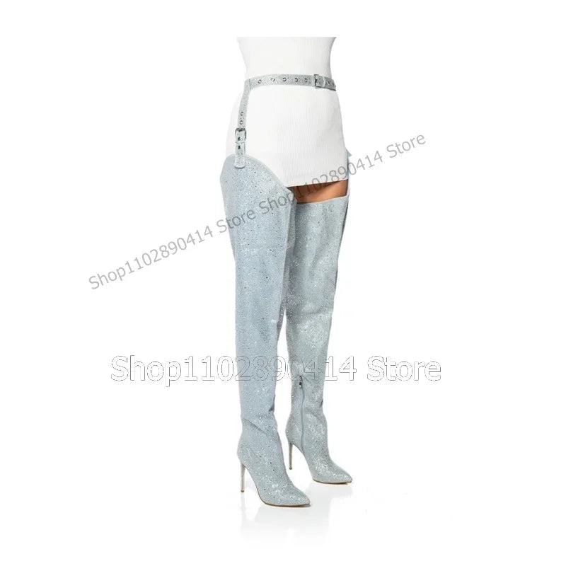 Light Blue Glitter Pointed Toe Stiletto Thigh High Boots For Women