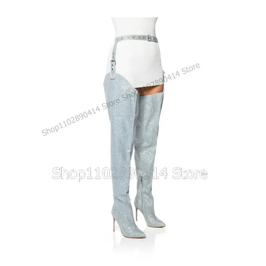 Light Blue Glitter Thigh High Boots