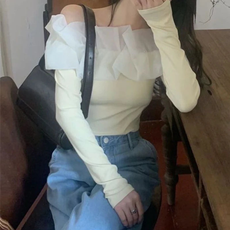 French style T-shirt shoulder splicing T-shirt women's spring and autumn new fashion temperament slim long-sleeved shirt