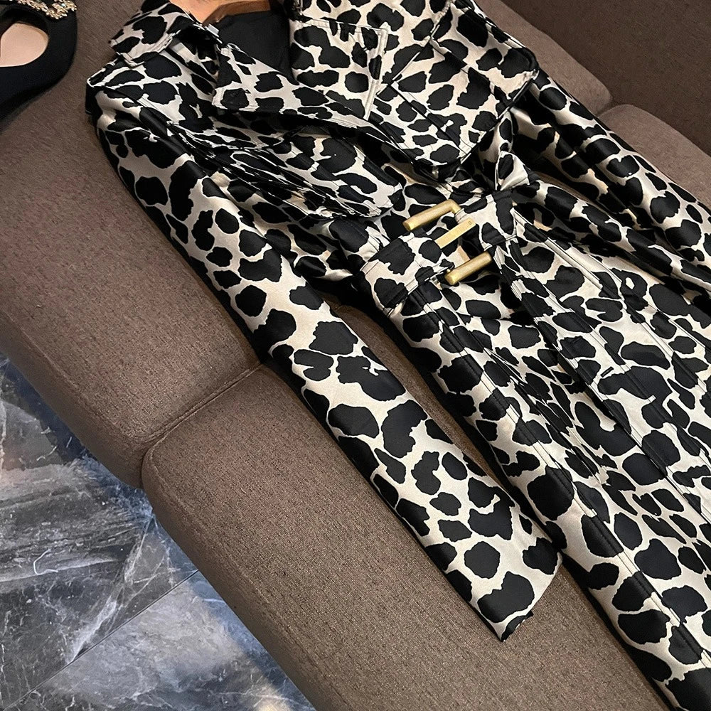 TWOTWINSTYLE British Style Leopard Print Coat For Women Lapel Long Sleeve Spliced Belt Temperament Trench Coats Female KJA545065