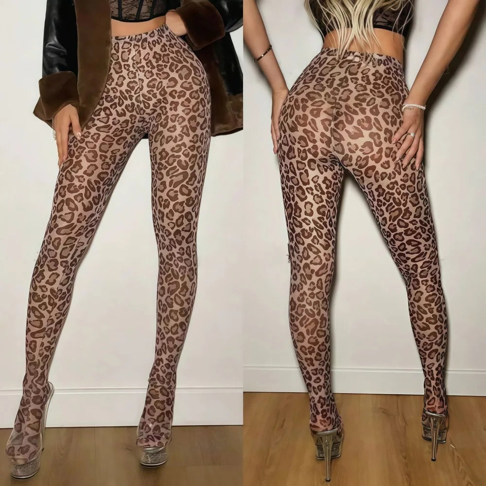 FAGADOER Sexy Fur Patchwork Woman 2 Piece Set Outfit Deep V Backless Lace Up Crop Top + Leopard Print Pants Female Streetwear