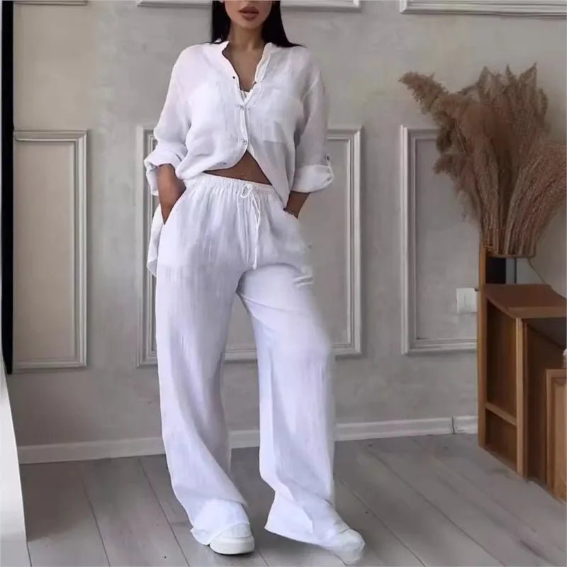Loose Cotton Linen Shirt And Wide Leg Pants Set For Women