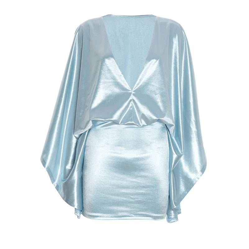 Chic Satin V Neck Bat Sleeve Elegant Mini Dress for Women