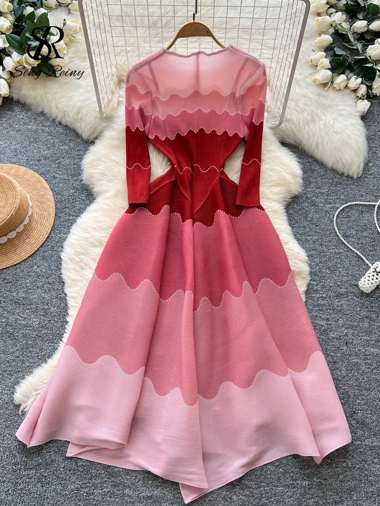 Wave Print Long Sleeve Ankle Length Evening Dress for Women