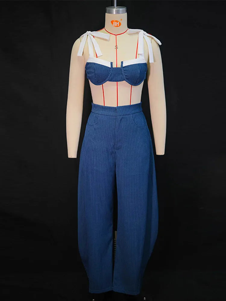Contrast Striped Cotton Bralette And Pants Outfit for Women