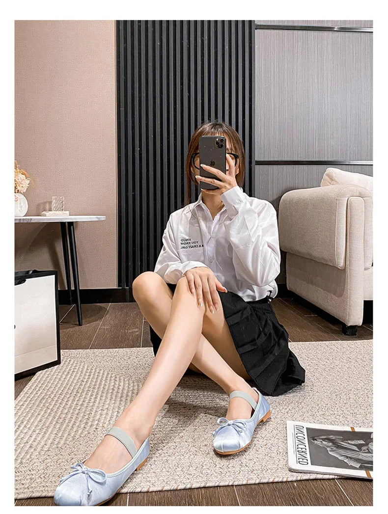 Round Toe Bow Satin Mary Jane Ballet Flats for Women
