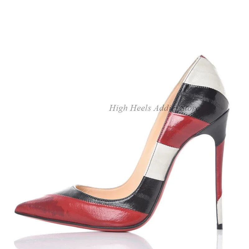 Pointed Toe Leather Striped Cross Tie Stiletto Pumps For Women