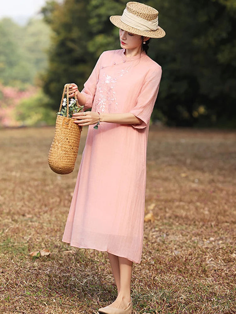 Elegant Floral Embroidered Ramie + Cheongsam Dress + for Women