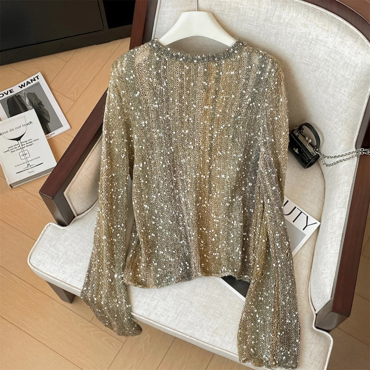 Sequin Round Neck Long Sleeve Knit Sweater for Women