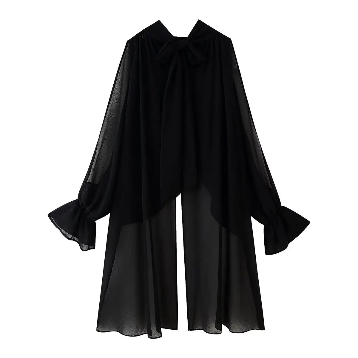 Vintage Chiffon Tiered Ruffle Sleeve Blouse with High Neck for Women