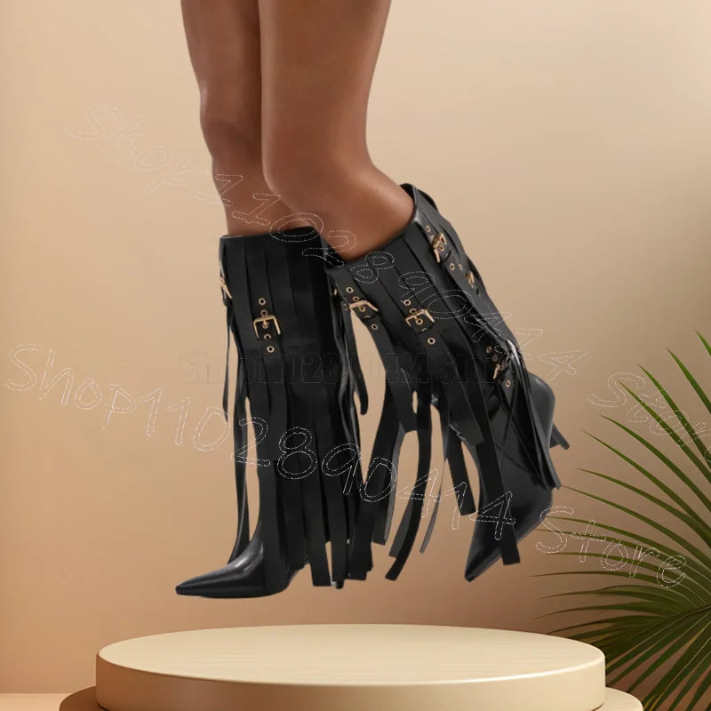 Pointed Toe Buckle Tassel Boots With Thin High Heels For Women