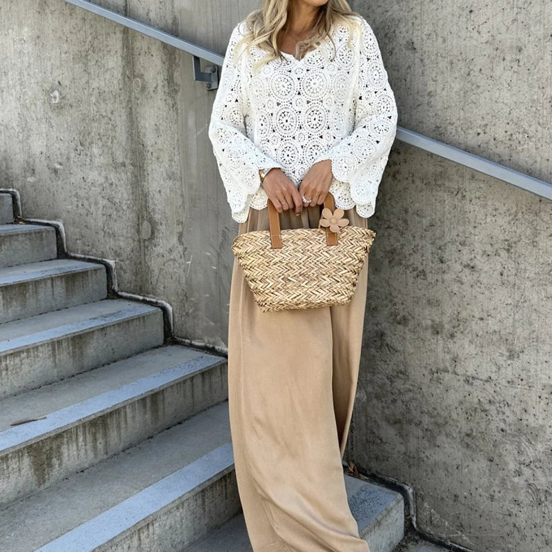 New Casual Solid Color Beach Cover Tees Sexy V-neck Long Sleeved Crochet Top Summer Vacation Hollow Out Knitted Women's T-shirt